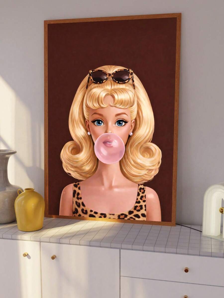 Blonde doll pop art poster displayed above a modern console table