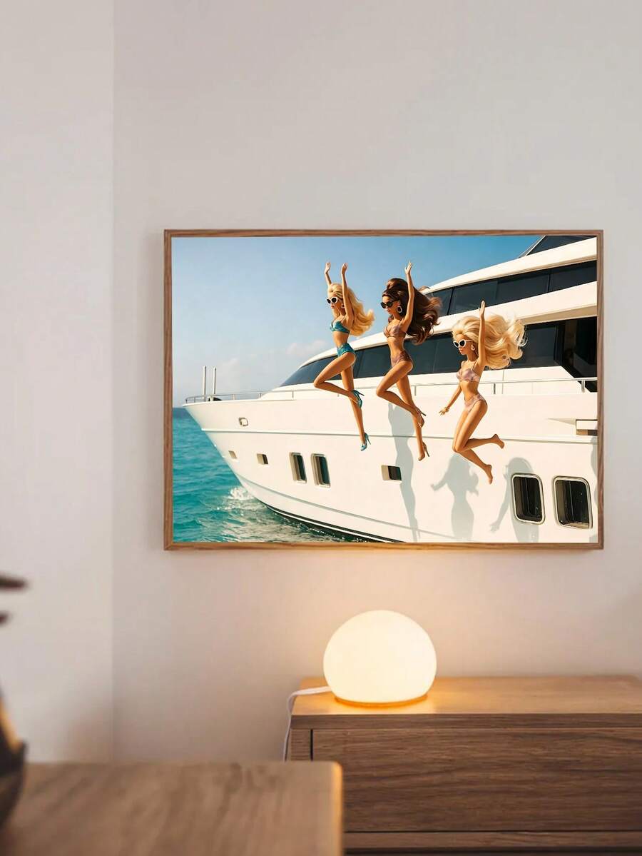 Retro yacht scene canvas wall art with stylish bikini girls