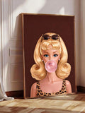 Brown doll leopard print canvas poster with a playful bubblegum girl