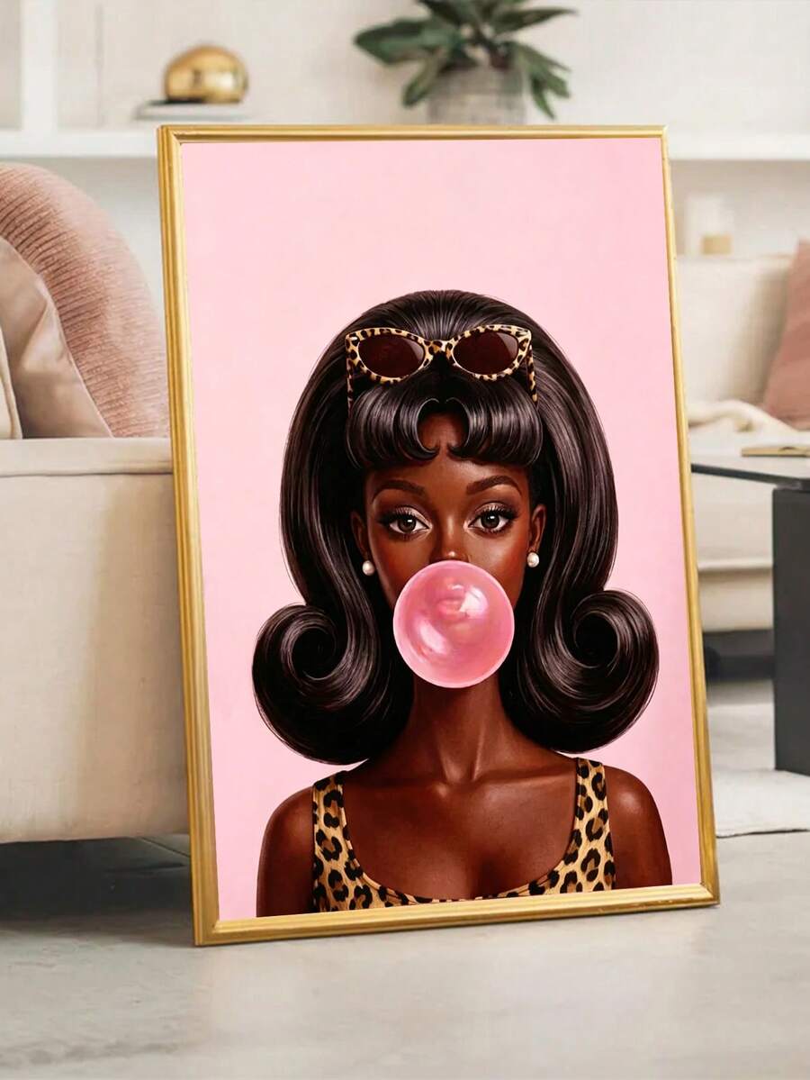 Black-haired bubblegum girl poster in a slim gold frame
