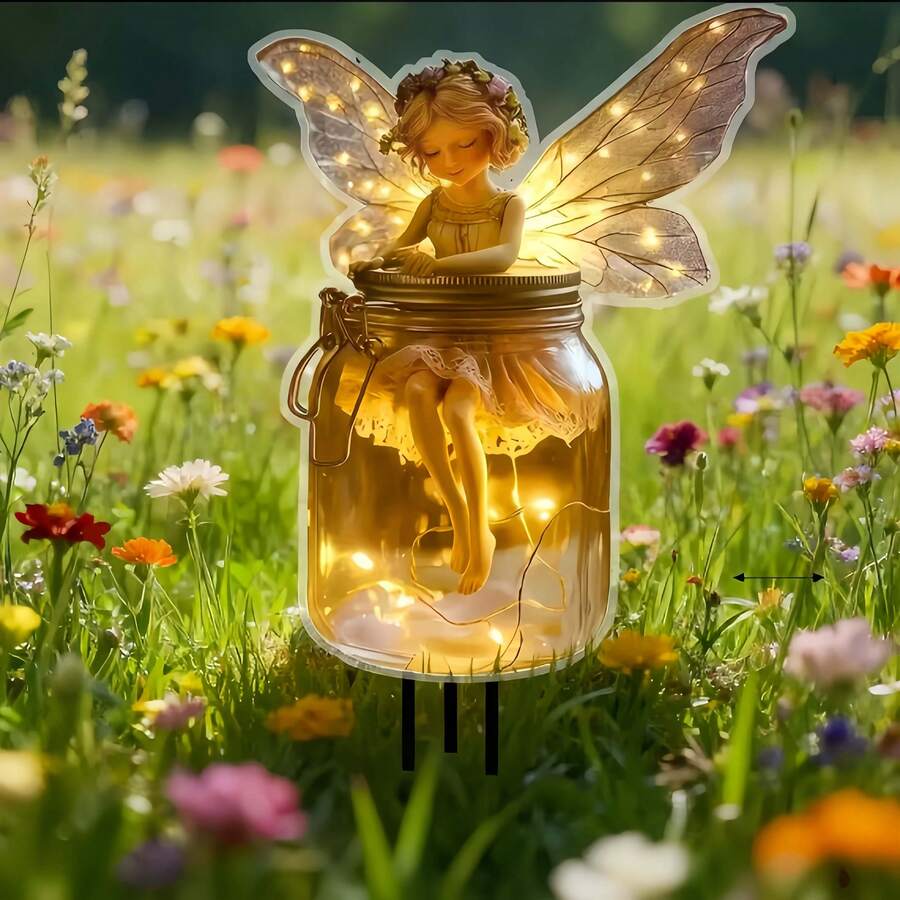 Outdoor fairy garden stake glowing in flower bed with translucent wings and amber LEDs
