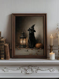 Black cat canvas art with witch hat pumpkin and glowing lantern