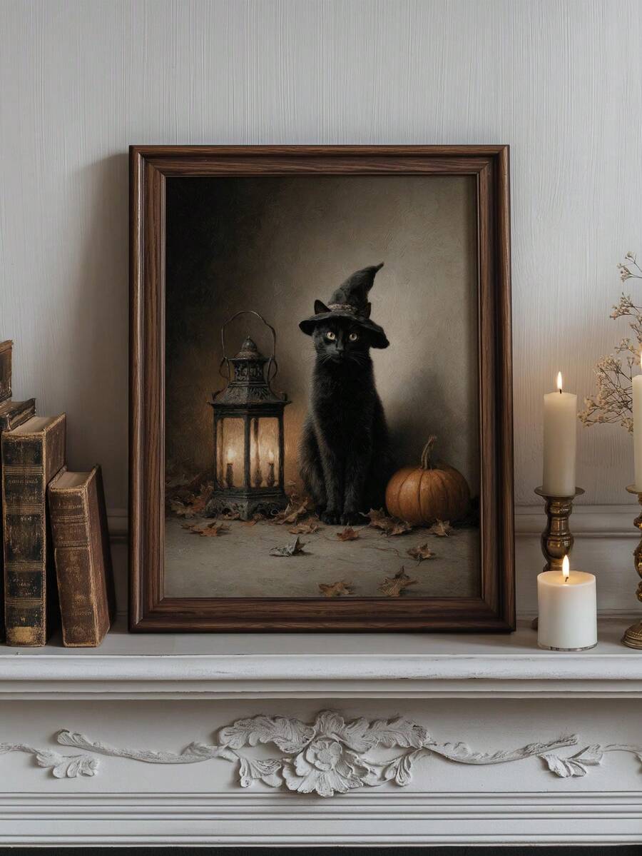 Black cat canvas art with witch hat pumpkin and glowing lantern