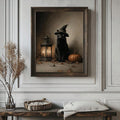 Spooky cat canvas preview with ornate frame for Halloween mantel decor