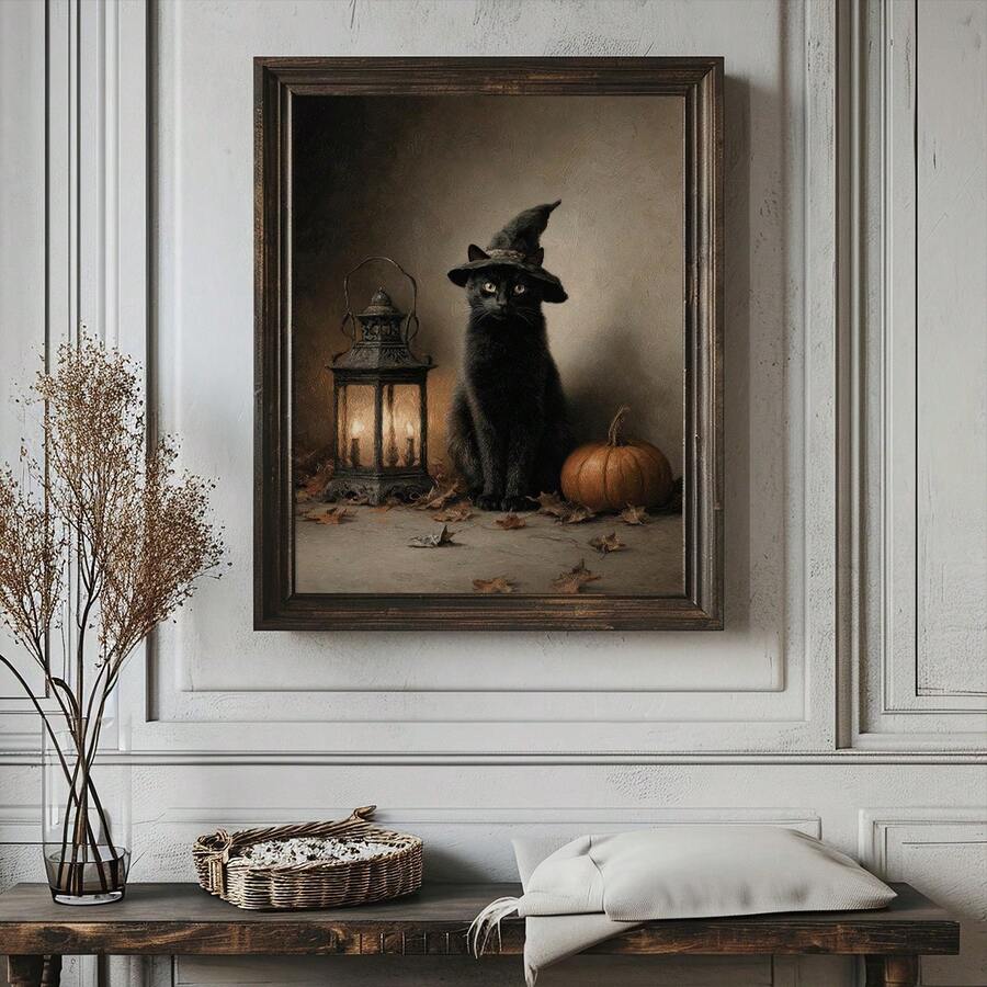 Spooky cat canvas preview with ornate frame for Halloween mantel decor