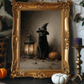 Vintage Halloween print mockup with black cat pumpkin and warm fall colors