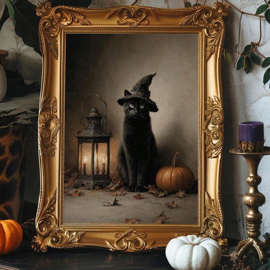 Vintage Halloween print mockup with black cat pumpkin and warm fall colors