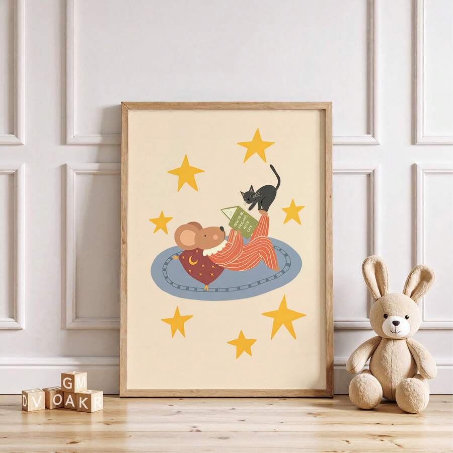 Mouse reading to black cat nursery wall art poster