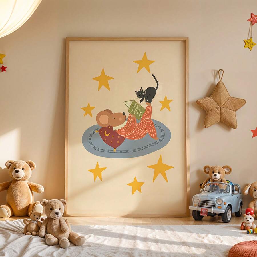 Cute animal poster styled with toys in kids room