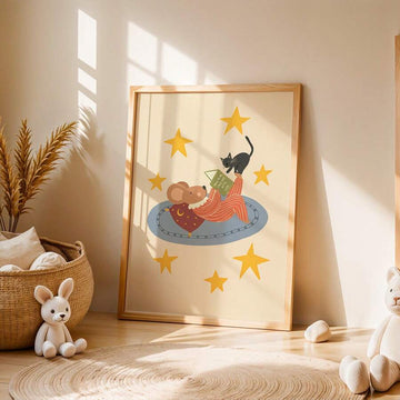 Mouse reading to black cat nursery wall art poster
