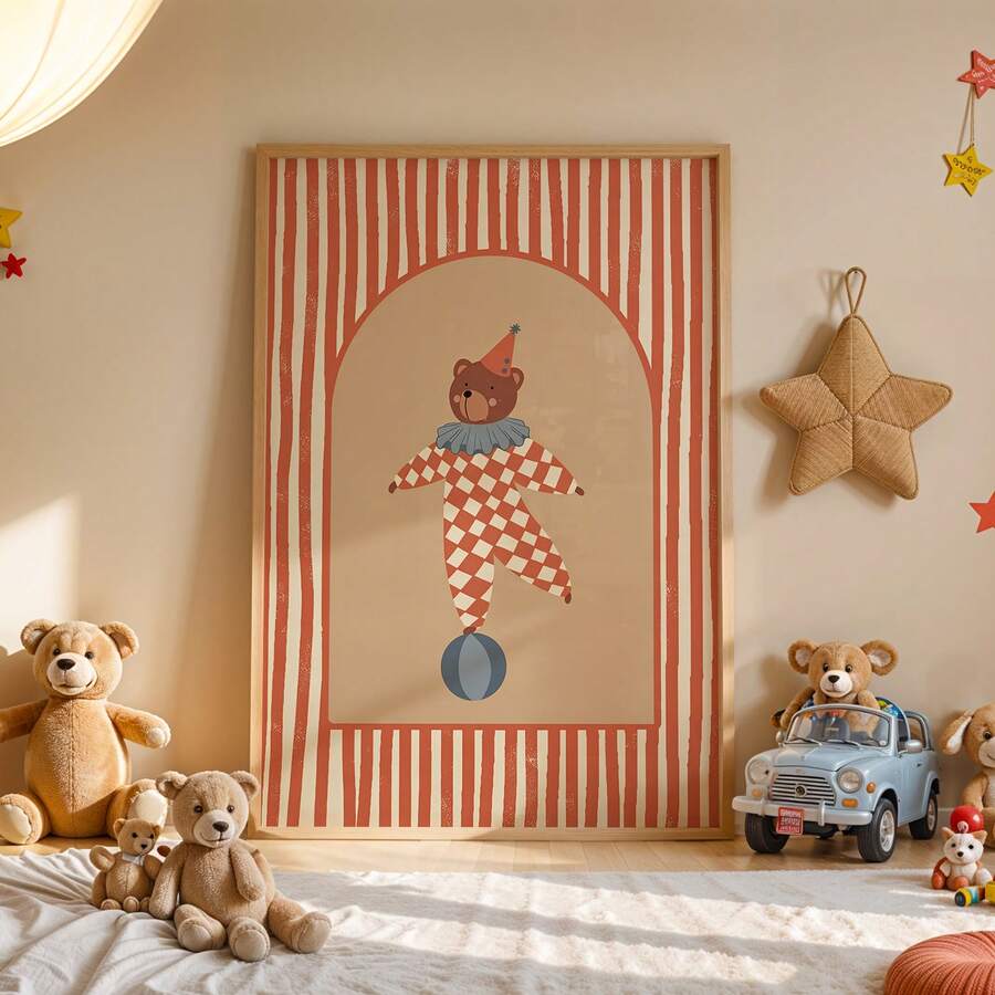 Playful bear circus wall art displayed in a child bedroom