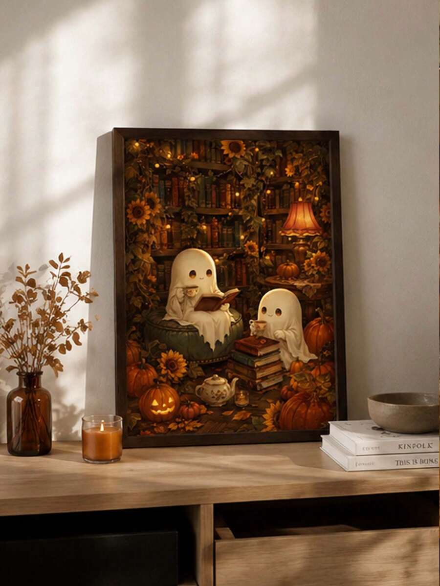Two cute ghosts reading tea time canvas wall art with pumpkin and sunflower fall decor