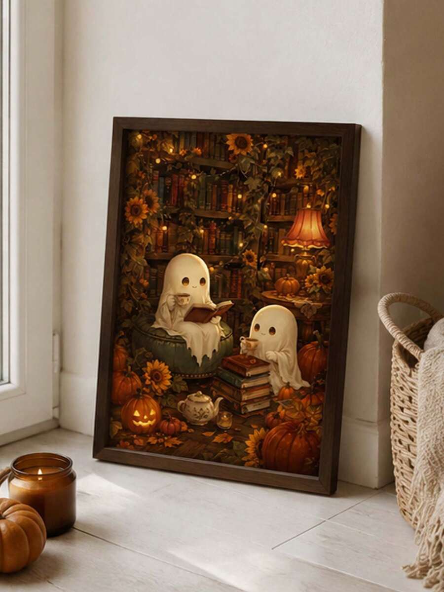 Two cute ghosts reading tea time canvas wall art with pumpkin and sunflower fall decor