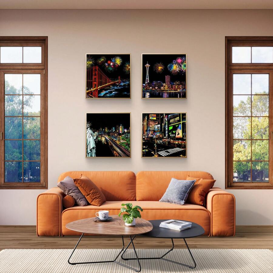 4 piece US city night skyline canvas poster set