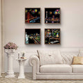 Famous US city skyline poster set with fireworks and neon lights
