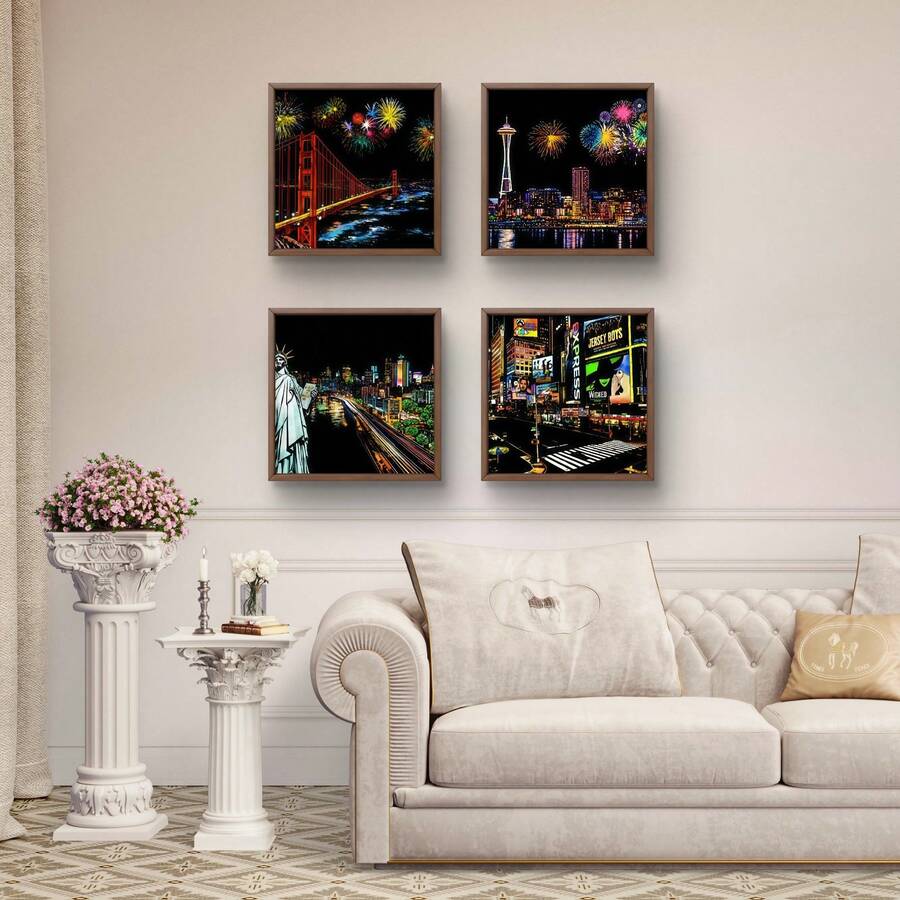 Famous US city skyline poster set with fireworks and neon lights