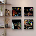 Vivid night cityscape canvas posters above modern sofa