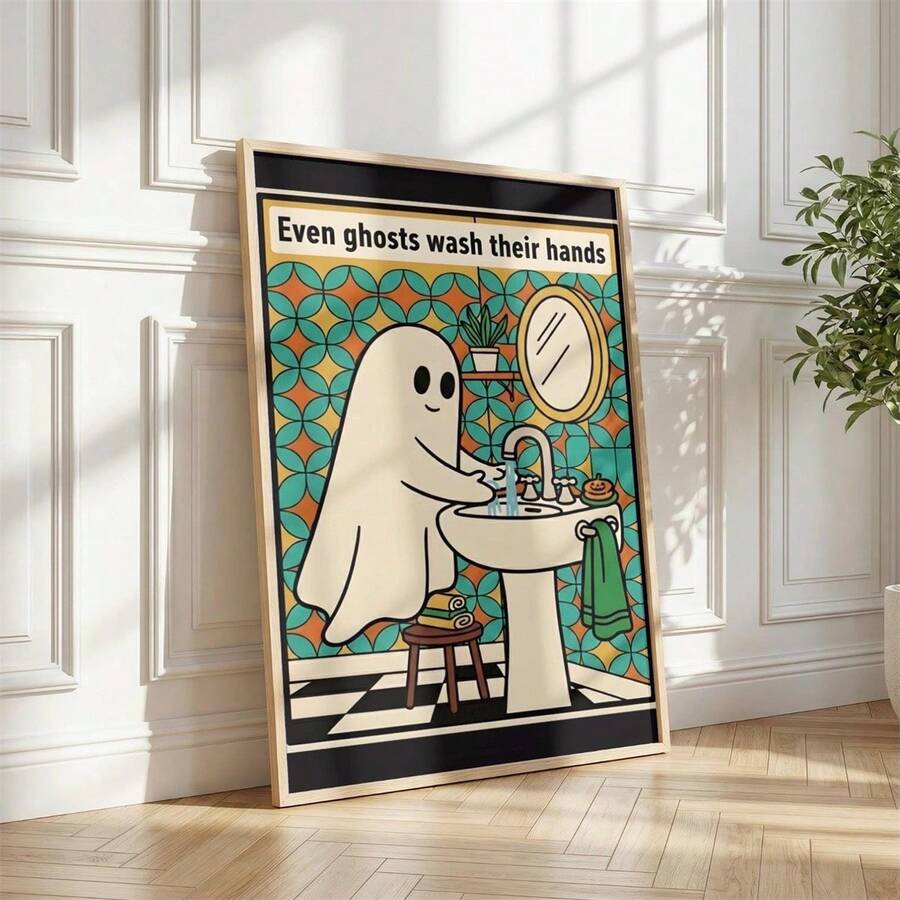 Retro Halloween bathroom poster with cute ghost washing hands and text Even ghosts wash their hands