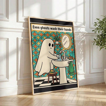 Retro Halloween bathroom poster with cute ghost washing hands and text Even ghosts wash their hands