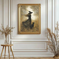 Gothic witch print shown in ornate gold frame for moody room decor