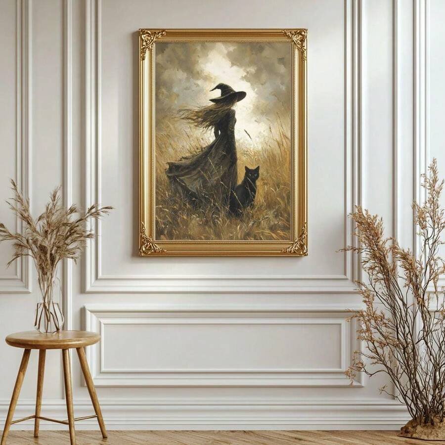 Gothic witch print shown in ornate gold frame for moody room decor
