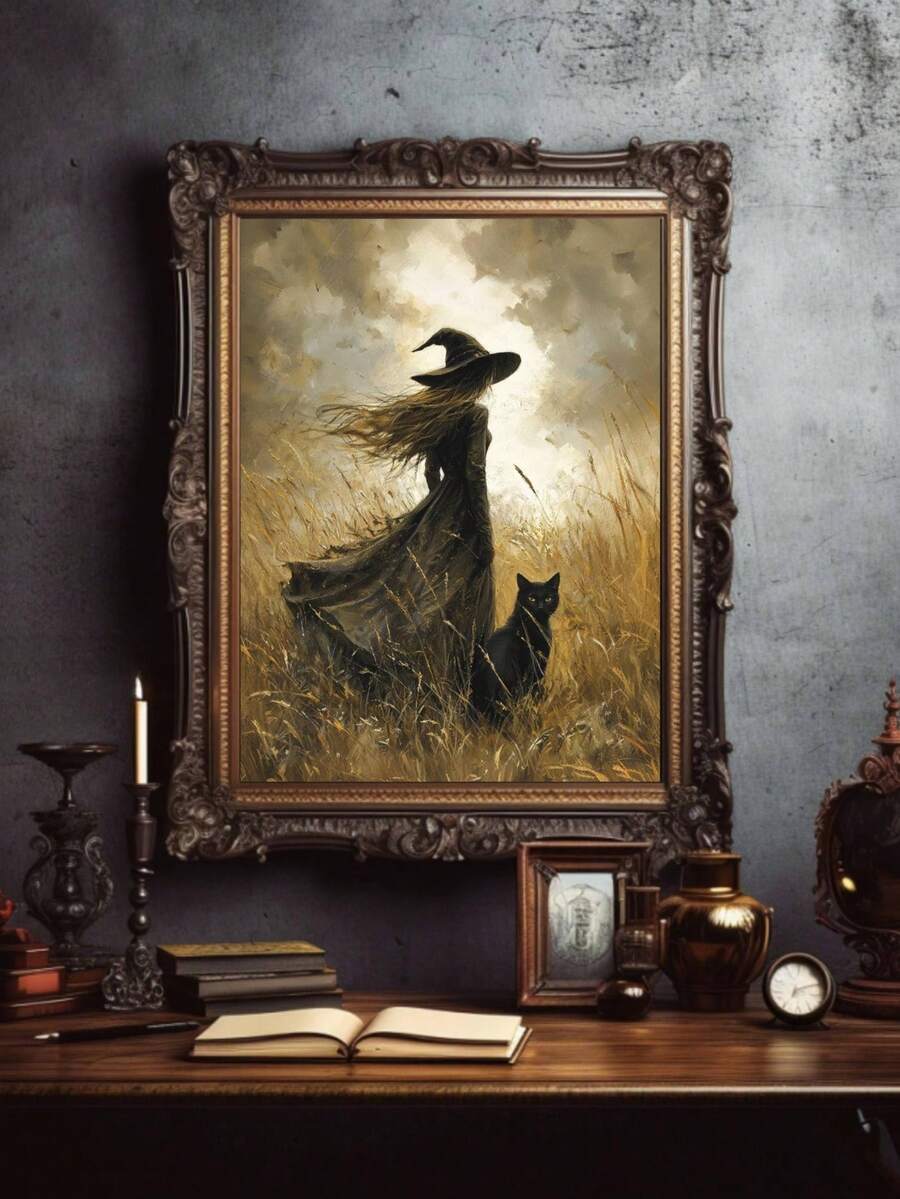 Vintage gothic witch canvas wall art with black cat in golden grass
