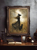 Vintage gothic witch canvas wall art with black cat in golden grass