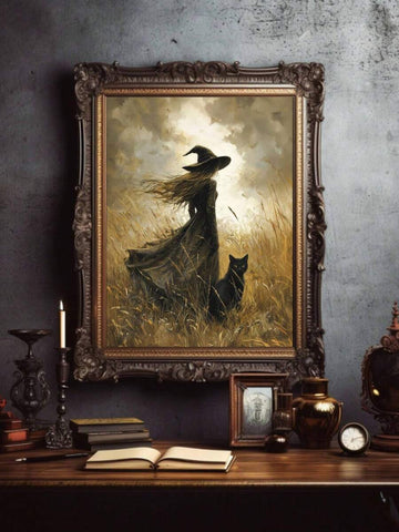 Vintage gothic witch canvas wall art with black cat in golden grass