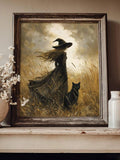 Black cat wall art with witch in stormy dark academia landscape