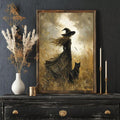 Gothic black cat canvas preview with framed wall art display