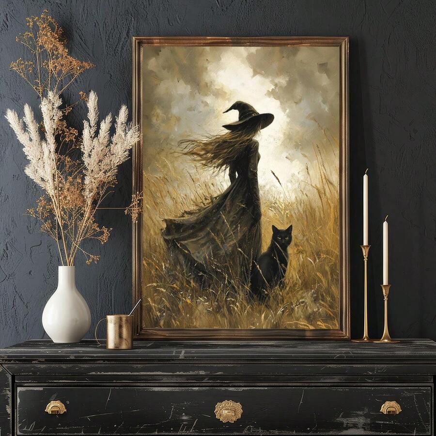 Gothic black cat canvas preview with framed wall art display