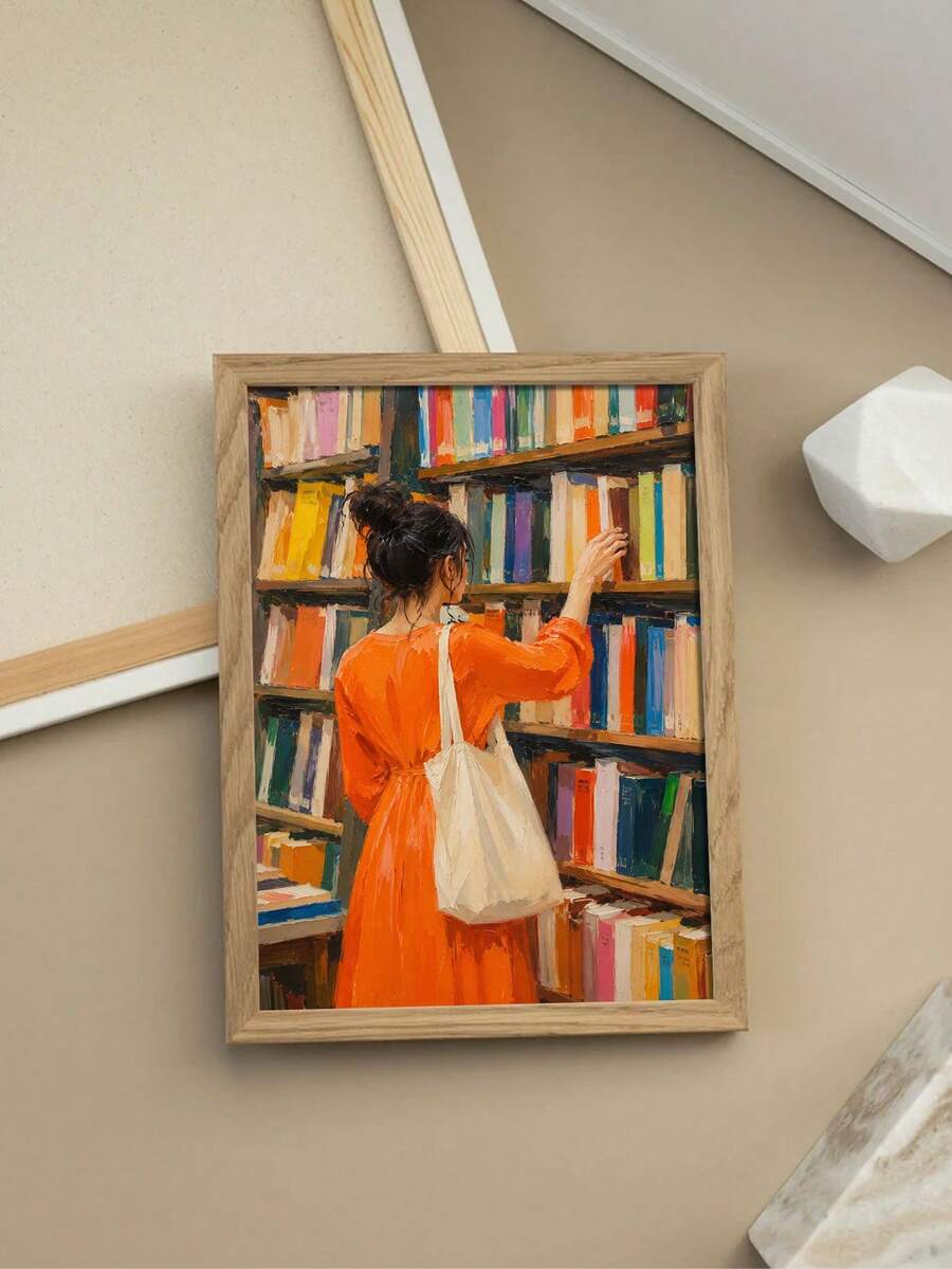Unframed woman painting poster with bookstore mood and quiet literary wall decor