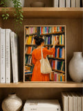 Woman bookstore art print showing reading figure in modern library inspired canvas poster