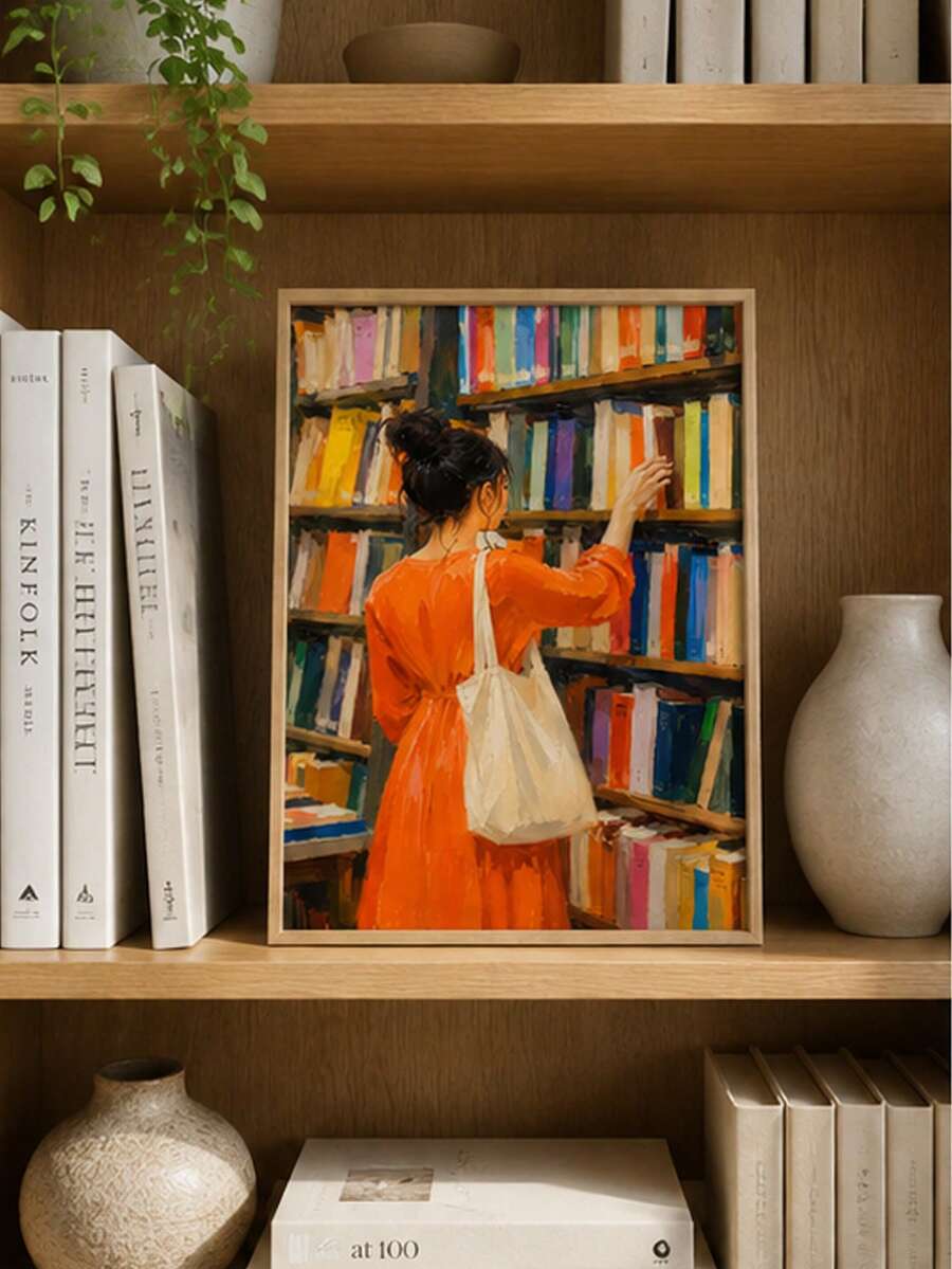 Woman bookstore art print showing reading figure in modern library inspired canvas poster
