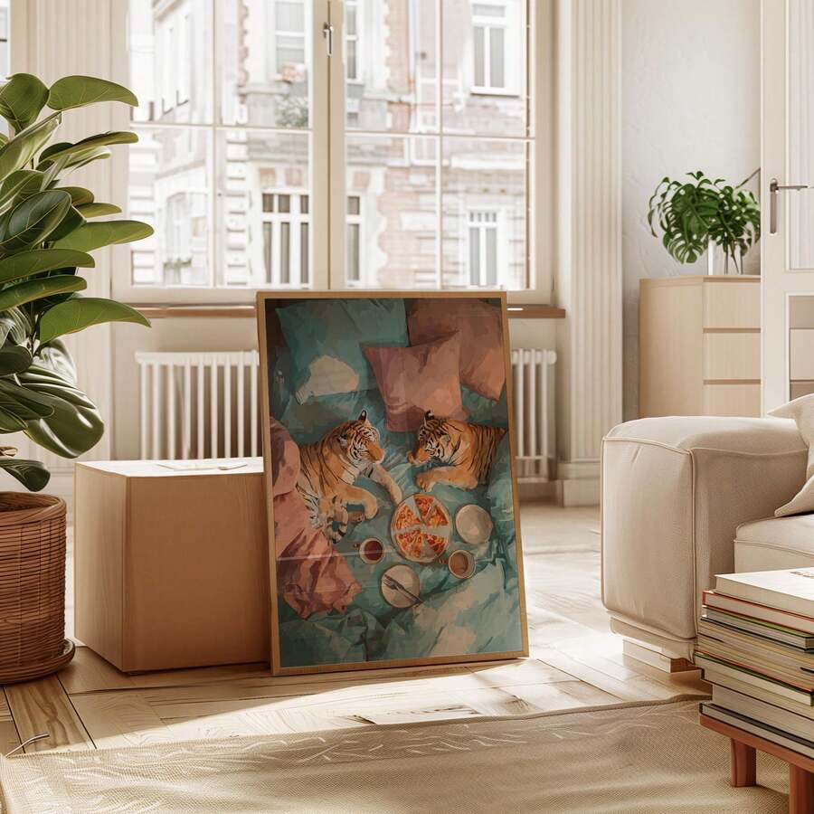 Framed tiger wall art shown as playful kitchen or dining room decor
