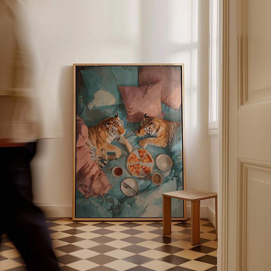 Tiger pizza poster shown with black frame option for modern wall styling