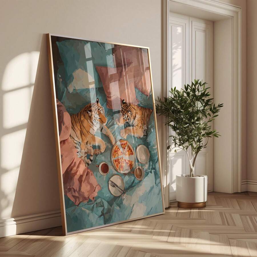 Tiger canvas art preview with wood frame option for quirky home decor