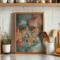Close view of whimsical tiger pizza print with teal coral and orange colors