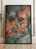 Funny tiger pizza canvas art with two tigers eating on a bed