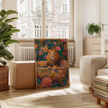 Floral lion wall art shown as playful bathroom decor in bright colors
