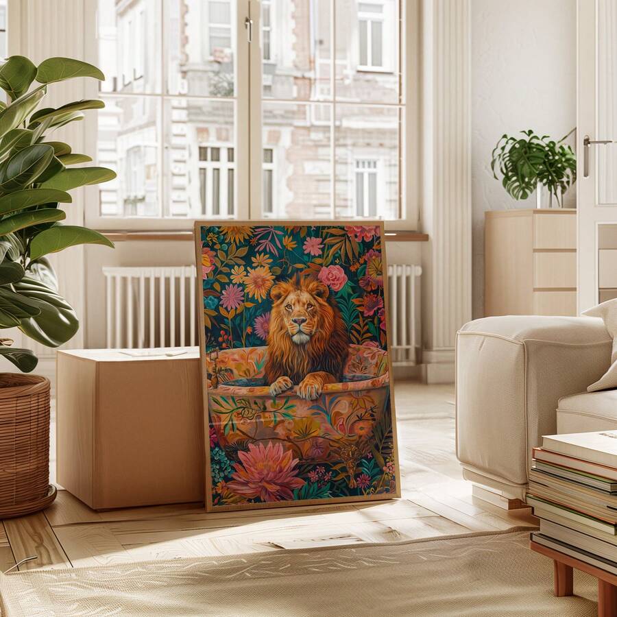 Floral lion wall art shown as playful bathroom decor in bright colors