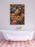 Jungle animal print with lion in bathtub surrounded by botanical pattern