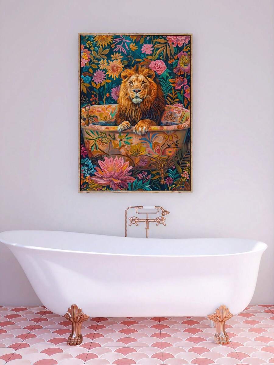 Jungle animal print with lion in bathtub surrounded by botanical pattern