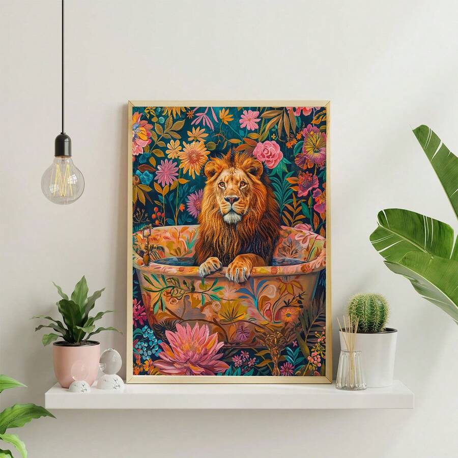 Whimsical bathroom art mockup with framed lion bathtub illustration