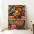 Maximalist lion wall art shown with frame option for eclectic decor