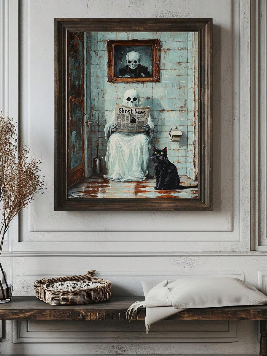 Black cat Halloween wall art with sheet ghost reading newspaper