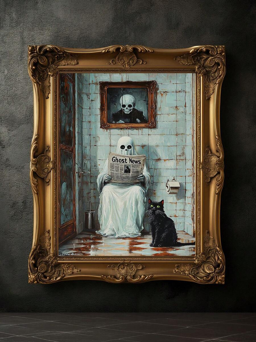Quirky ghost and black cat canvas with Ghost News bathroom scene
