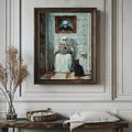 Gothic bathroom canvas shown in ornate frame with ghost and black cat