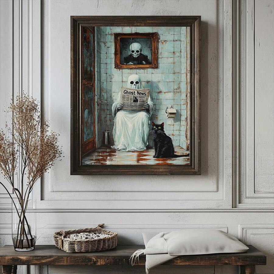 Gothic bathroom canvas shown in ornate frame with ghost and black cat