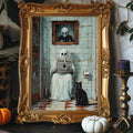 Haunted bathroom decor preview with ghost newspaper and green eyed cat